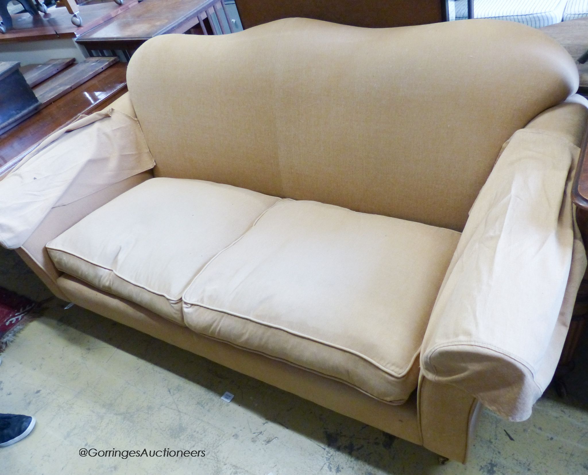 A large modern two seater settee upholstered in beige fabric W-200, D-98, H-94.